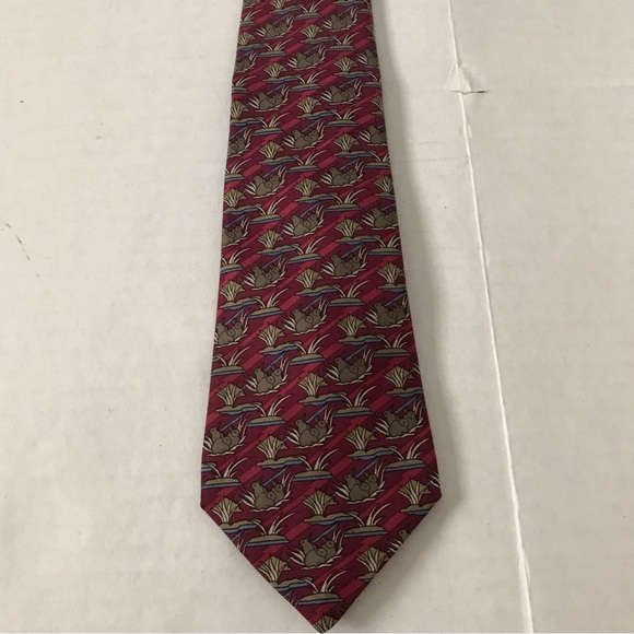 HERMES Tie Bunny Rabbit Tie Luxury Silk Red Background with Brown Tan Blue - Picture 8 of 12
